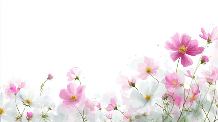 Fototapeta premium Pink and White Cosmos Flowers Border on White Background 