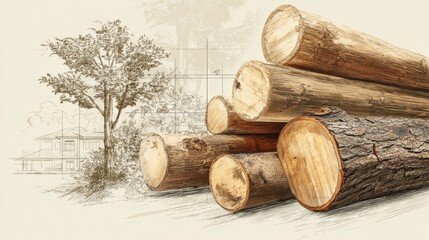 A collection of chopped wood logs is neatly stacked beside a large tree. In the background, there is a faint illustration of a house, indicating a construction site on a sunny day.