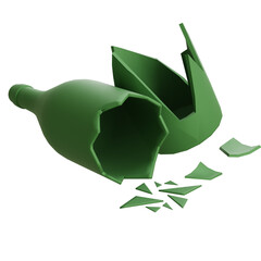 3D green glass bottle shattered with multiple shards. Great for destruction scenes, recycling concepts, or safety design elements.