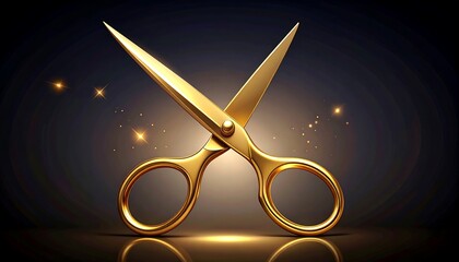 Golden scissors on a dark background with sparkles