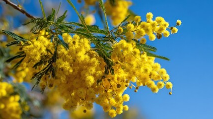 Vibrant yellow mimosa flowers unfurl amidst lush green leaves under a bright blue sky, showcasing the beauty of spring with their delicate and cheerful appearance.