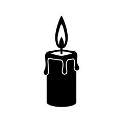 A black silhouette of a lit candle with melting wax dripping down its side.