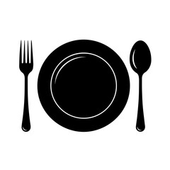 Simple black and white illustration of a plate, fork, and spoon, suggesting a meal or dining.
