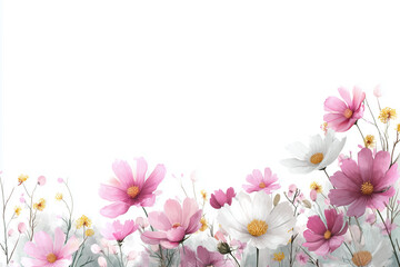Fototapeta premium Pink and White Cosmos Flowers Border on White Background 
