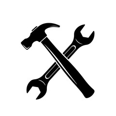 Crossed hammer and wrench, tools of repair and construction.
