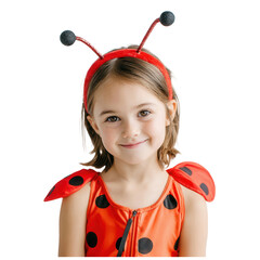 Girl in ladybug Halloween costume with polka dot wings and antennae headband, cheerful expression, transparent background