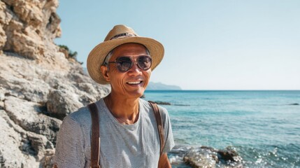 A man stands on a rocky beach, wearing sunglasses and a straw hat, smiling brightly while enjoying the warm sun. The clear blue water reflects the vibrant sky, creating a serene atmosphere.