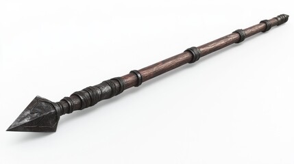 Ancient Spear 3D Render with Intricate Metalwork and Wooden Shaft Isolated on White Background