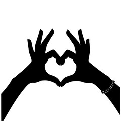 Two hands form a heart shape, one adorned with a bracelet, against a stark white background.