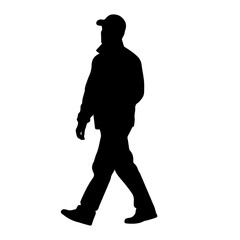 Silhouette of a person walking, facing left, wearing a cap and coat.