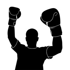 Silhouette of a boxer with raised gloved fists, celebrating a victory or showing strength.