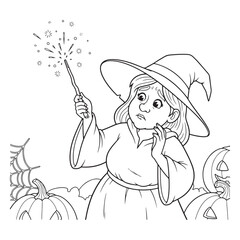 Witch casting spell with wand in halloween coloring page