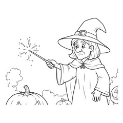 Witch casting spell with wand near pumpkins coloring page