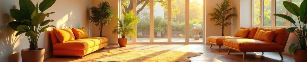 Fototapeta premium Warm sunlight streams into a bright, welcoming space, illuminating comfortable furniture and creating a serene atmosphere perfect for greeting guests , rustic, vintage