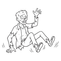 Cartoon outline drawing of a zombie falling on the ground