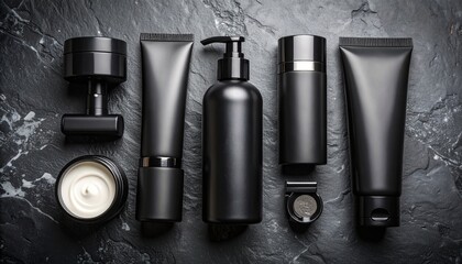Flat lay men's skin care cosmetics set in black packaging on craft paper. Top view.
