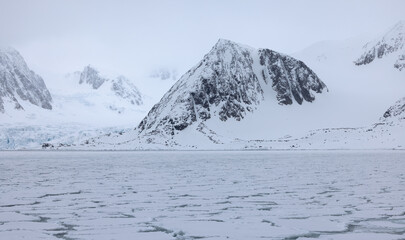 Floating ice on the ocean with mountains in the background in the arctic of Svalbard, Norway © Reto Ammann