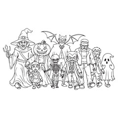 Halloween characters in black and white coloring page art