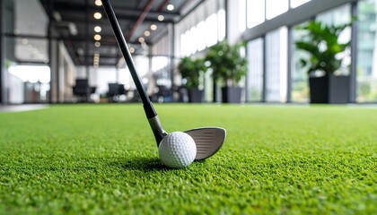 Golf club and ball on putting green