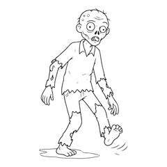 Outlines of a cartoon zombie walking with tattered clothes