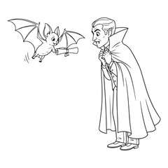 Vampire receives a scroll from a bat line art illustration