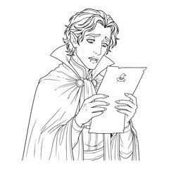 Vampire reading a letter with a witch hat illustration