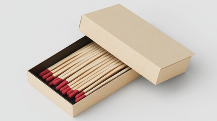 Red Tipped Wooden Matches in Beige Carton, Matches in Cardboard Box Isolated on White Background