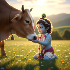 Baby Krishna's Divine Bond with a Cow in a Sunny Meadow