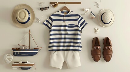 Flat Lay of Nautical Outfit: Striped Shirt, Shorts, Hat, Shoes and Boat Toy