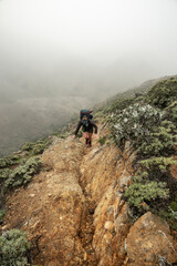 Obraz premium Woman Uses Arms and Legs to Scramble Up Steep Trail