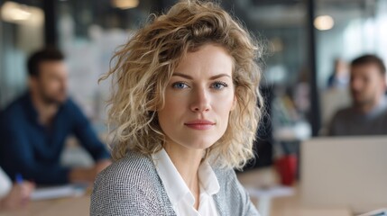 A businesswoman with curly hair and a focused expression participates in a collaborative meeting in a stylish, contemporary office environment. The atmosphere is professional and dynamic.