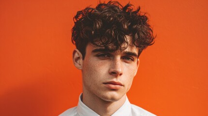 Obraz premium A young man with curly hair stands confidently, dressed in a white shirt, with a striking orange backdrop. His serious expression adds depth to the vibrant atmosphere of the scene.