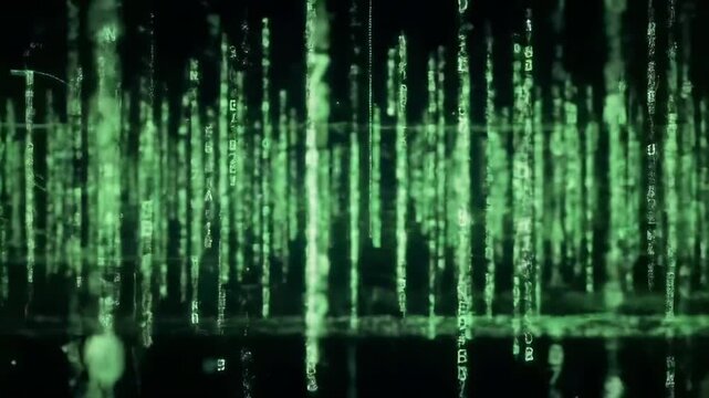 Digital rain effect with falling green alphanumeric characters creating a technological abstract background in darkness.