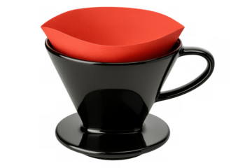 Black coffee dripper holding a vibrant red filter