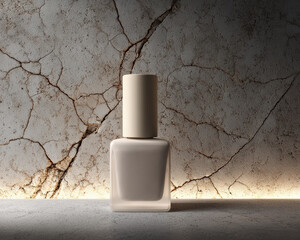 Minimalistic nail polish bottle stands elegantly against textured, cracked wall, showcasing chic and luxurious design. soft color and clean lines evoke sense of sophistication and style