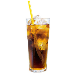 A tall glass of cola with ice and a yellow straw