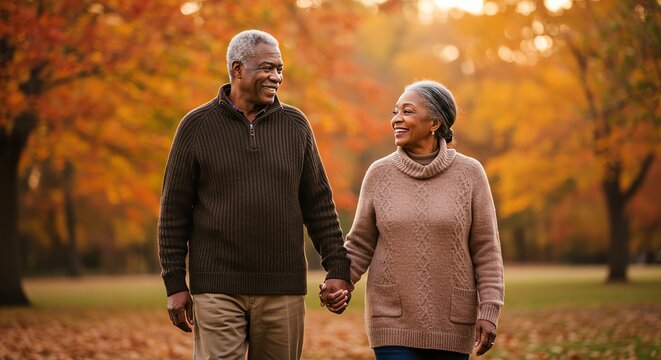 Senior couple walking hand in hand through autumn foliage