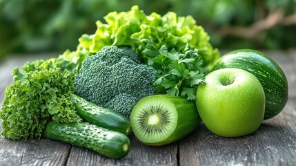 Fresh green vegetables and fruits arranged on wooden table with copy space, representing healthy eating and liver care concept for wellness lifestyle.
