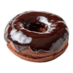 Close up shot of a single donut covered in a glossy dark chocolate glaze isolated on transparent background