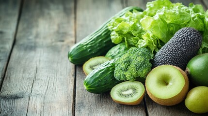 Fresh green vegetables and fruits arranged on wooden table with copy space, representing healthy eating and liver care concept for wellness lifestyle.
