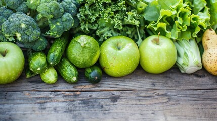 Fresh green vegetables and fruits arranged on wooden table with copy space, representing healthy eating and liver care concept for wellness lifestyle.
