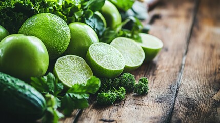 Fresh green vegetables and fruits arranged on wooden table with copy space, representing healthy eating and liver care concept for wellness lifestyle.
