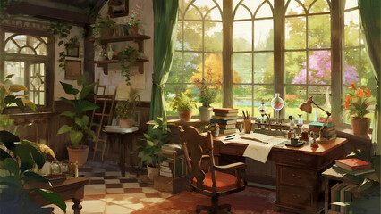 Fototapeta premium A room with a desk and a chair