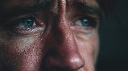Distressed man with teary eyes expressing deep sadness and emotional pain, mental health awareness and psychological trauma concept.
