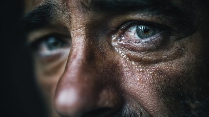 Distressed man with teary eyes expressing deep sadness and emotional pain, mental health awareness and psychological trauma concept.
