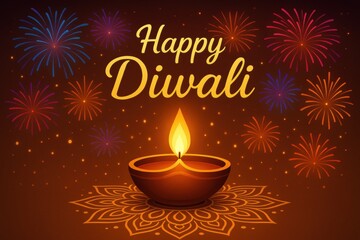 Happy diwali greeting card with diwali lamp and fireworks.
