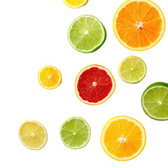 Obraz premium Citrus fruit slices in vibrant colors against a dark background