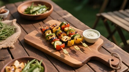 Grilled Vegetable Skewers on a Wooden Cutting Board with Side Dishes
