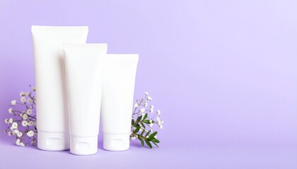 White cosmetic tubes on trendy violet color background with copy space. Skin care, 