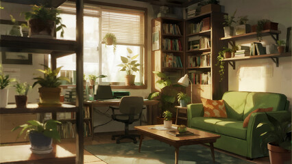 Fototapeta premium A green couch sits in front of a window with a potted plant on the table
